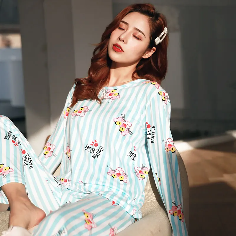 

New Products Spring And Autumn WOMEN'S Pajamas Two-Piece Set Light And Comfortable Cartoon Fresh Wind Blue Pink Leopard