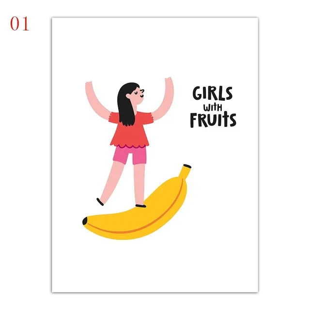 Art Fashion Nordic Style Poster Print Fruit Banana Watermelon Strawberry And Girl Canvas Paintings Kids Room