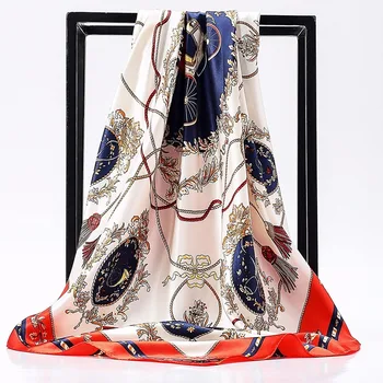

90X90cm Square Fashion Printed Silk Scarf Female Square Color Matching Muslim Simulation Silk Scarf Accessories Women Spring