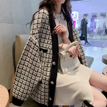 Elegant V-neck Knit Cardigan Ladies Fall Winter Knit Sweaters Korean Style Women Plaid Cardigans sweters women invierno 2019 Elegant V-neck Knit Cardigan Ladies Fall Winter Knit Sweaters Korean Style Women Plaid Cardigans sweters women invierno 2019