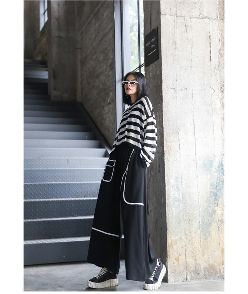 [EAM] High Elastic Waist Black Pocket Split Long Wide Leg Trousers New Loose Fit Pants Women Fashion Spring Autumn 2020 1X812