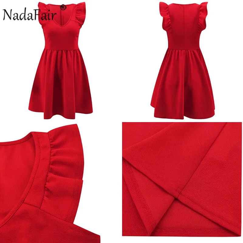 Nadafair ТРАПЕЦИЕВИДНОЕ мини-платье с оборками, летнее женское платье с v-образным вырезом, сексуальное облегающее Черное Красное Вечернее платье