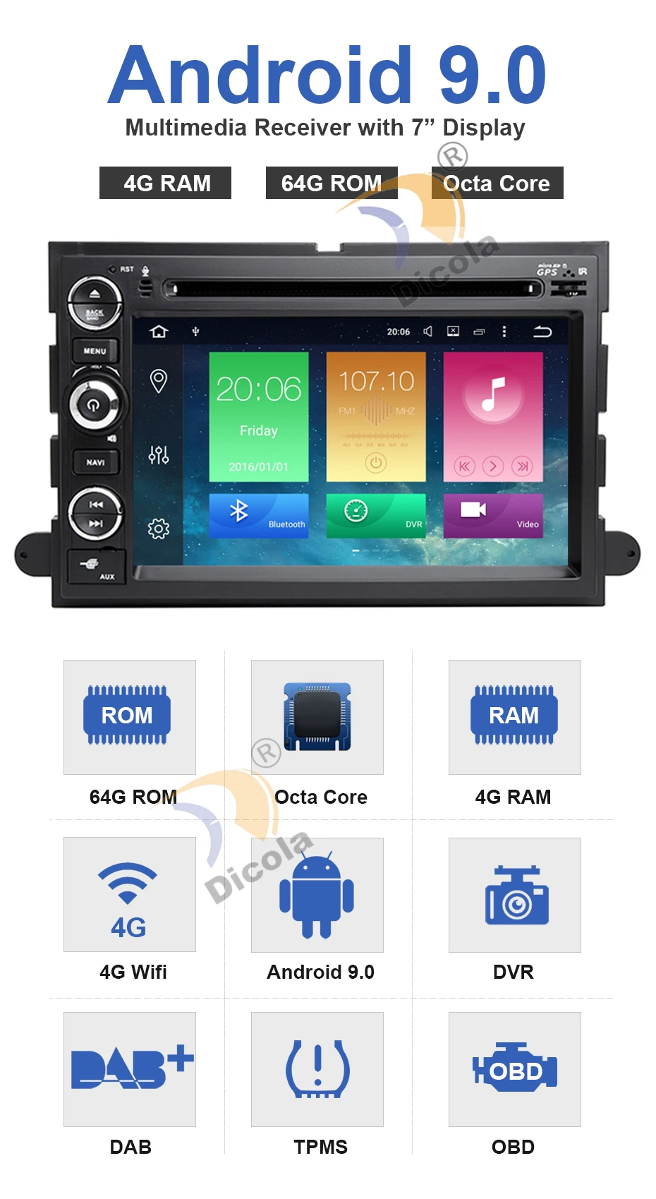 Discount HD 1024*600 Android 9 Car DVD GPS Player for Ford F150 EXPEDITION,EDGE,FUSION,EXPLORER WIFI 4G Bluetooth Radio Stereo 4G RAM SD 4