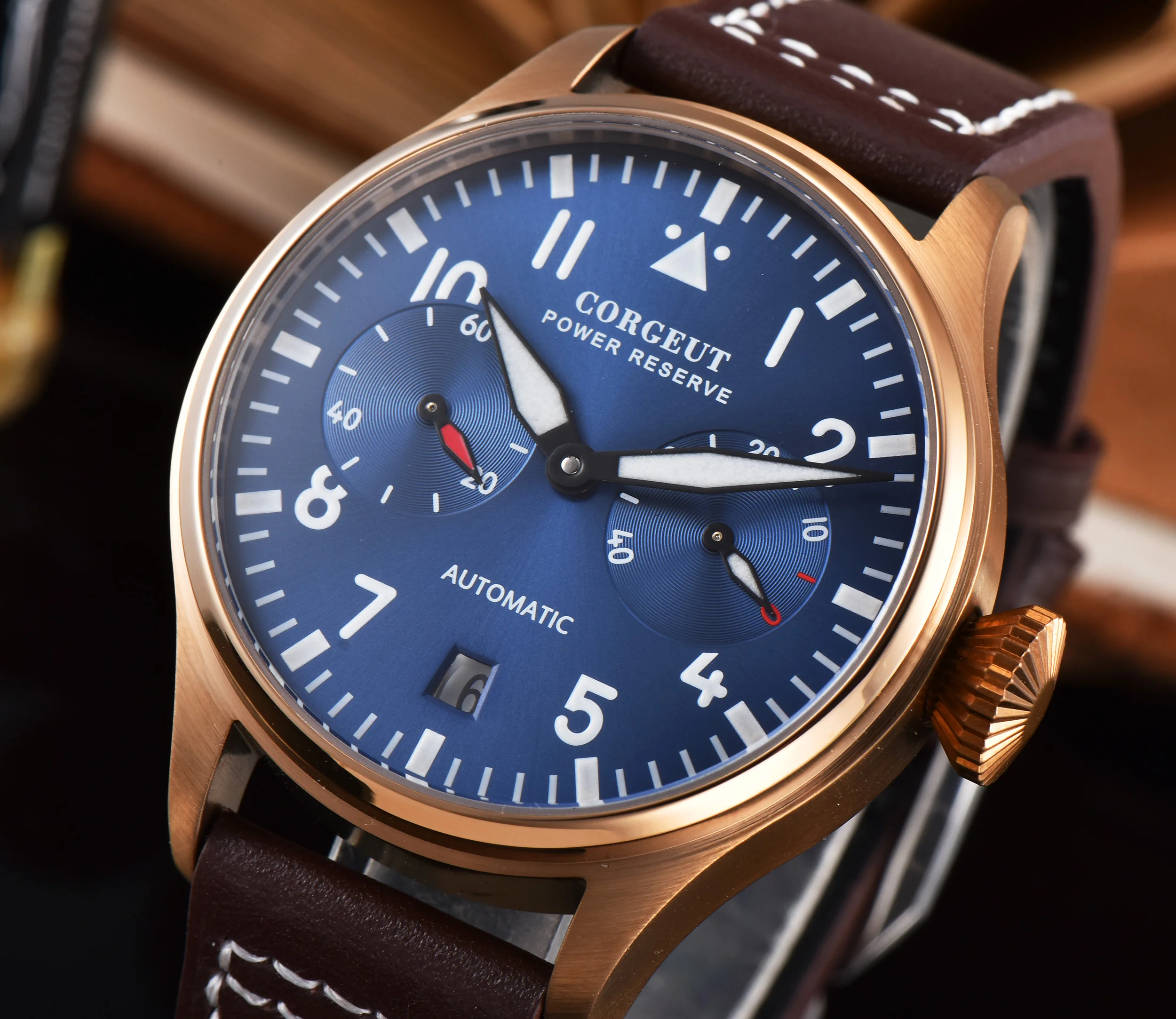 

Corgeut 42mm Blue Dial Power Reserve Date Rose Gold Case Automaitc Men's Watch