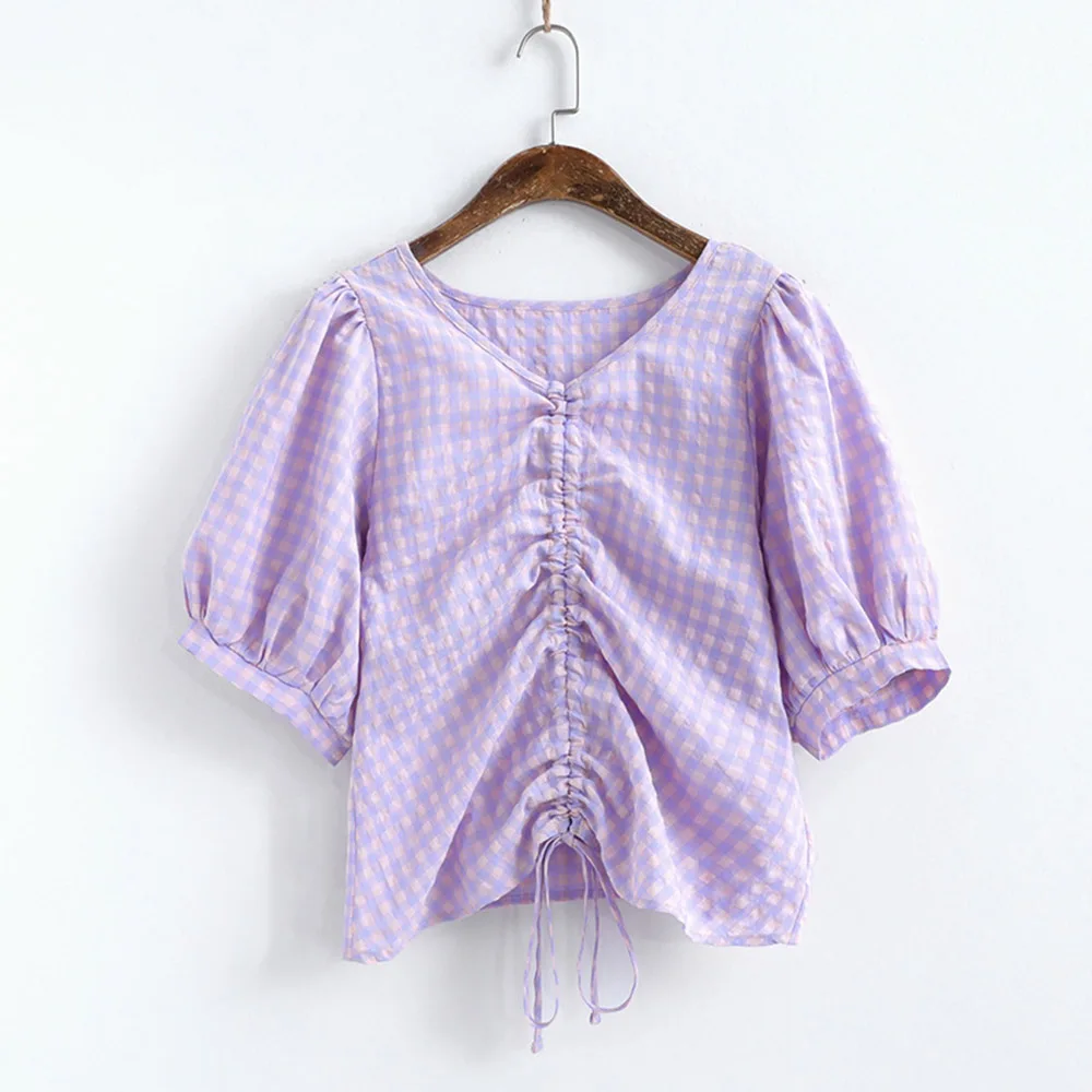 

Women 2020 Summer Korean Exposed Navel Casual Slim Thin Girl V-neck Tops Female Adjustable Lattice Pleated Drawstring Blouse