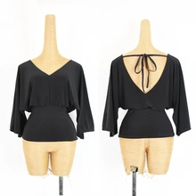 Латинские танцевальные Топы для женщин сексуальная открытая спина черная тренировочная одежда женская Румба Футболка спортивная с v-образным вырезом одежда для современных танцев DQL2230