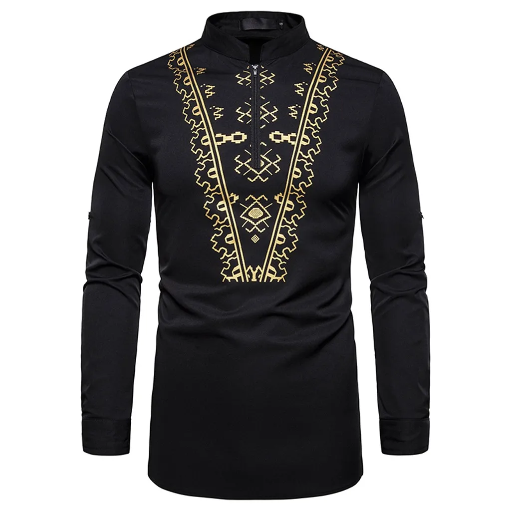 Camisa masculina мужская Мода Досуг Африканский стиль печать с длинными рукавами рубашки топы мужская одежда