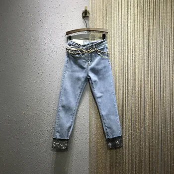 

2020 Spring and Summer Pencil Jeans for Woman New High Waist Man-made Diamondnts Jeans Women's Skinny Stretch Denim Pants