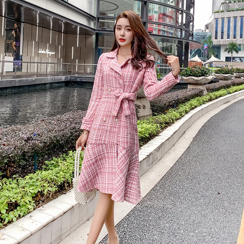 Autumn Winter Pink Plaid Tweed Wool Long Coat Women Notched Double Dreasted Sashes Ruffles Woolen Overcoat Mermaid Outerwear