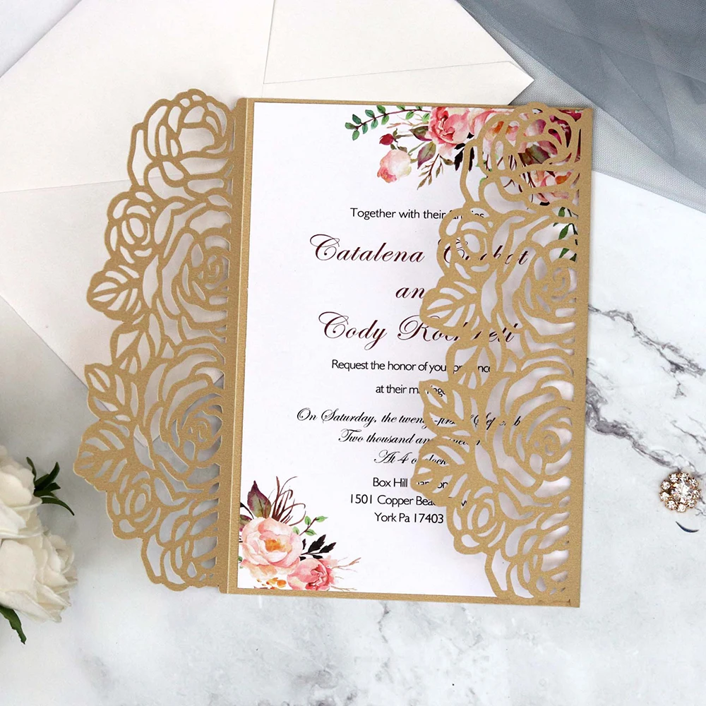  10pcs/set European High-end White Wedding Invitation Card Laser Cut Floral Glittering Engagement Ba - 4.00023E+12
