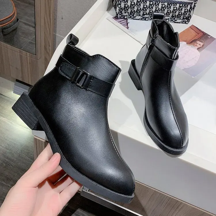 2020 Fashion Autumn Women's Boots Lady Thick Square Heel Zipper Outdoor Shoes Winter Female Casual Black Low Heel Ankle Boots