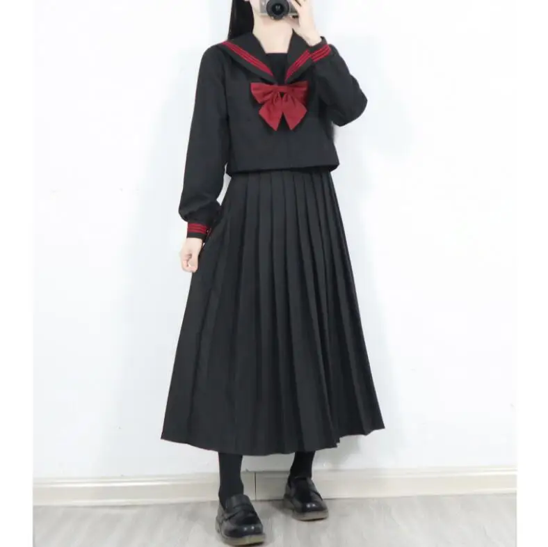 WITH 80cm skirt Осенняя японская школьная форма для девочек, милые длинные матросские топы, плиссированная юбка, полный комплект, костюм для девочек - Цвет: WITH 80cm skirt