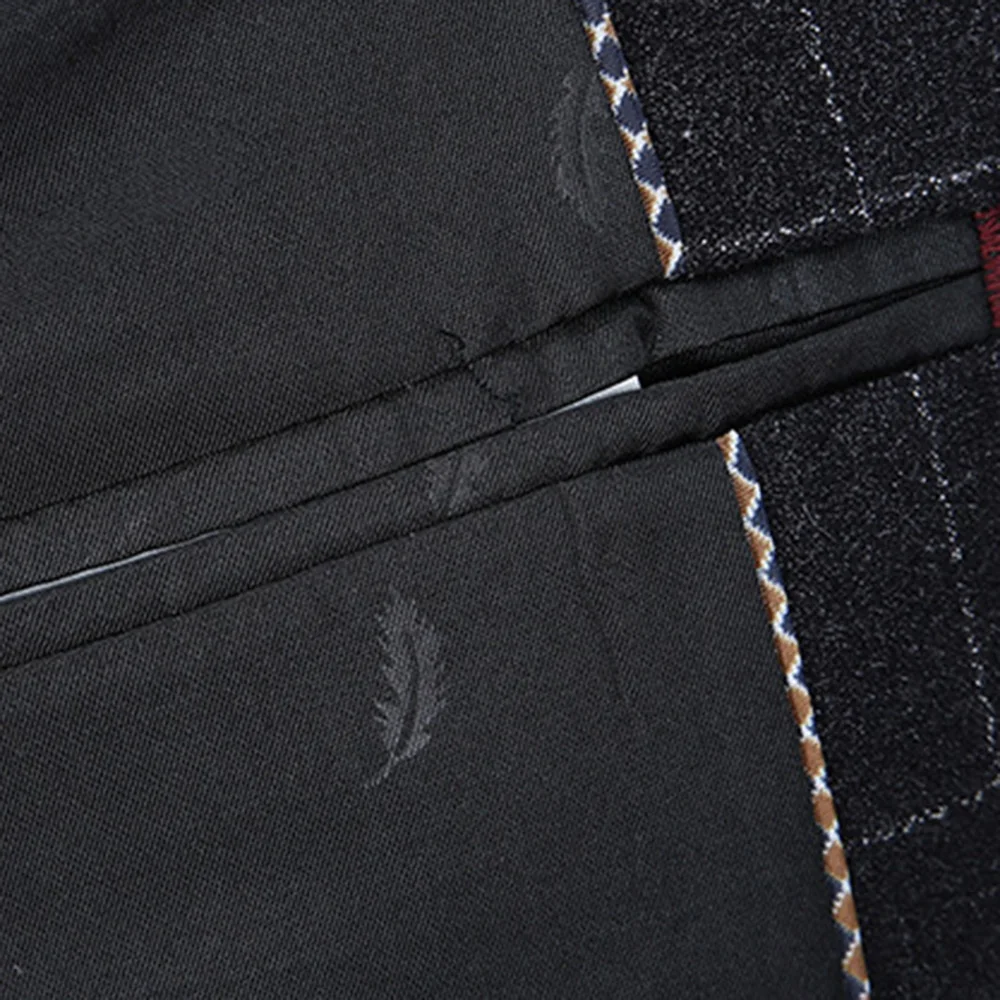 Dressv Black Lattice Men's Suit Jacket+Vest+Pants 3 Pieces Groom Suits Long Sleeves Plus Size One Button For Wedding