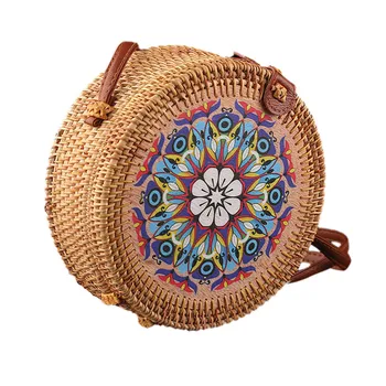 

Handmade rattan woven round Shoulder bag Circle Handwoven Round Retro Rattan Straw Beach Bag Crossbody 2020 Диагональный пакет
