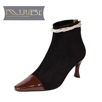 

MLJUESE 2021 women ANKLE boots Cow leather Winter short plush Square Toe zipper String Bead High heels female boots size 39