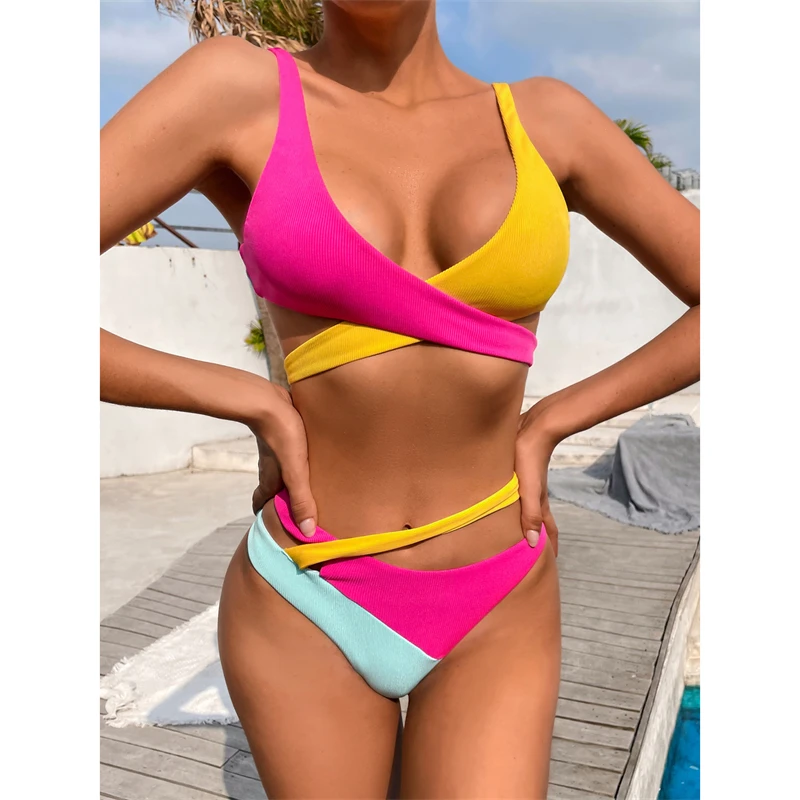 Sexy Bikinis Pure Color Block Patchwork Swimwear Women 2022 New Swimsuit Cross Bandage Bikini Set Female Beachwear Bathing Suit blue bikini set Bikini Sets