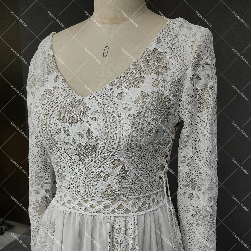 Hippie Boho Beach Elopement Backless Wedding Dress Chiffon Seaside Long Sleeves Big Size Photoshoot V Neck Lace Luxe Bridal Gown