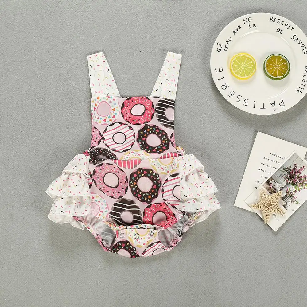 Летнее боди с оборками для новорожденных без рукавов принтом пончиков|Боди