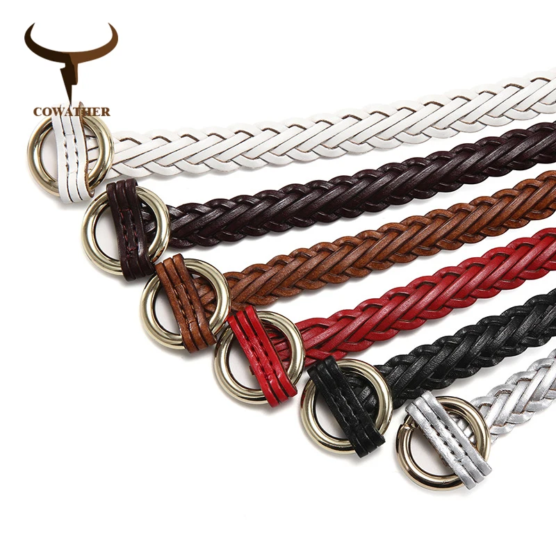 

COWATHER women belt fashion design top garde cow leather female belt cowhide vintage knitted pin buckle waistband free shipping