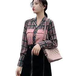 2019 корейский винтажный маленький костюм воротник клетчатая блузка рубашка для женщин длинный рукав лацкан дамы шифон Топы карманы хит