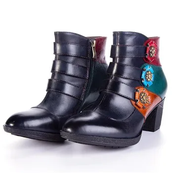 

Women Boots Retro Genuine Leather Splicing 5.5CM Thick High Heel Zipper Dress Short Boots Ladies Shoes appliques Women Shoes