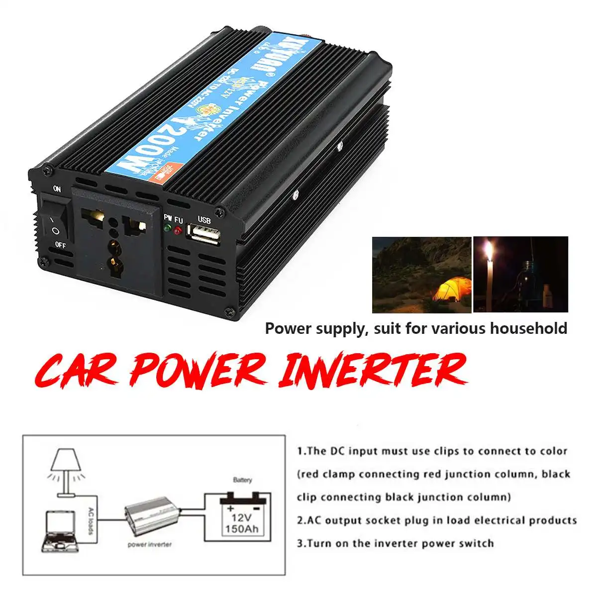 Автомобильный преобразователь адаптер 1200 Вт AC/DC 12/24V дo AC 220/110 В Модифицированная синус волна Мощность автомобильный инвертирующий усилитель Зарядное устройство ЖК-дисплей дисплей Питание