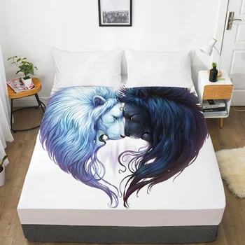 

3D Bed Sheet With Elastic Fitted Sheet Double Mattress Cover 135/150/180/200/160x200 Bedding Animal yinyang lion