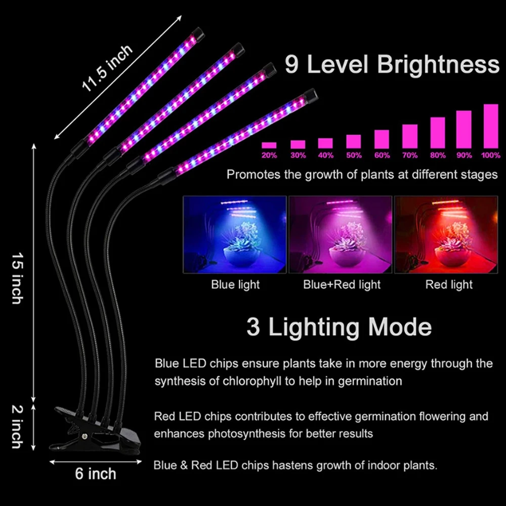 Full Spectrum LED 4 Tube Planting Light Flexible Clip USB Power Desktop Plant Growth Lamp Indoor Plant Growth Light For Flowers 6