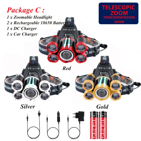 Светодиодный налобный фонарь для рыбалки, ультра яркий, 5T6, налобный светильник с зумом, 18650, налобный фонарь, 4 режима, перезаряжаемый, налобный светильник для кемпинга - Испускаемый цвет: Package C