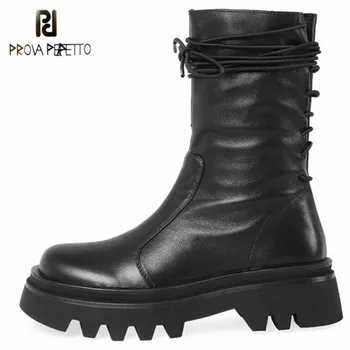 

Prova Perfetto Soft Platform Boots Fashion Cross-tied Zipper-Sid Shoes For Women Comfortable Round Toe And Genuine Leather Boots