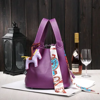 

Cowhide Leather Women's Bag Litchi Pattern Hand Carry Small Square Bag Portable Bucket Shopping Vegetable Blue Bag