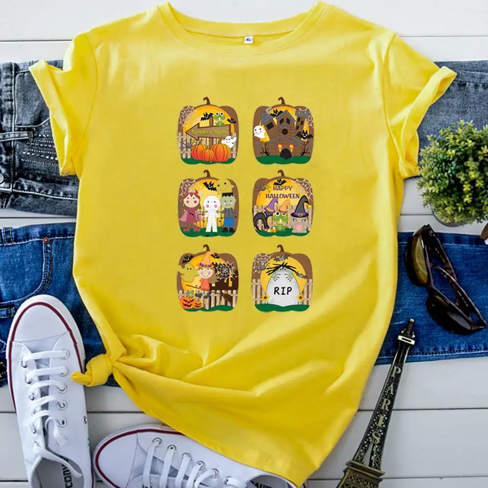 Halloween Tshirt Cartoon Funny Printing Woman T Shirts Solid Color Gothic T-Shirts For Women Cotton Korean Style Womens Clothing