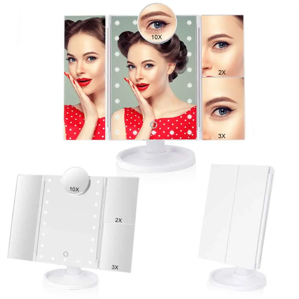 

22 Light LED Touch Screen Makeup Mirror Table Desktop 1X/2X/3X/10X Magnifying Mirrors Vanity 3 Folding Adjustable Mirror Led