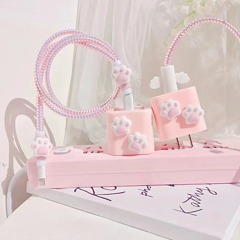 Cute Pink Cat Paw Soft Charger Cable Protector Case Spirale Wrap Cable Winder Set Per Iphone 12 Per Apple 18W 20W Charger Case