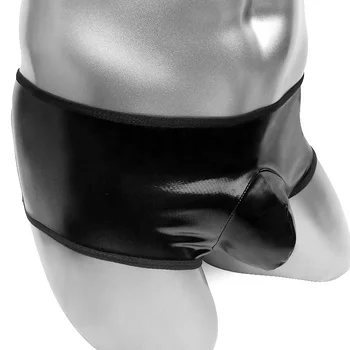 

Shiny Faux leather Sissy Pouch Panties With Lace Patchwrok Open Butt Mens Boxers Short Underwear Sexy Lingerie For Sissy Panties