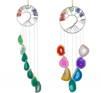 

TUMBEELLUWA Tree of Life Agate Slice Wind Chime Handmade 7 Chakra Stone Healing Crystal Wind Chime for Home Decoration Ornament