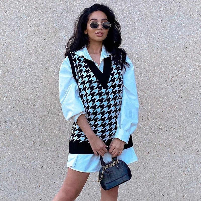 

Houndstooth Sleeveless Knitted Sweater Women's Vest E-Girl Female New 2020 Vintage Autumn V Neck Elastic Y2k Chic Top Jumper