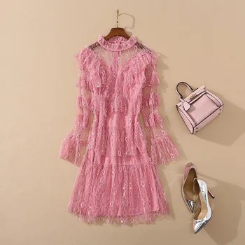 

European and American women's wear 2020 summer new style The horn Long sleeve collar Sexy lace fashion dress