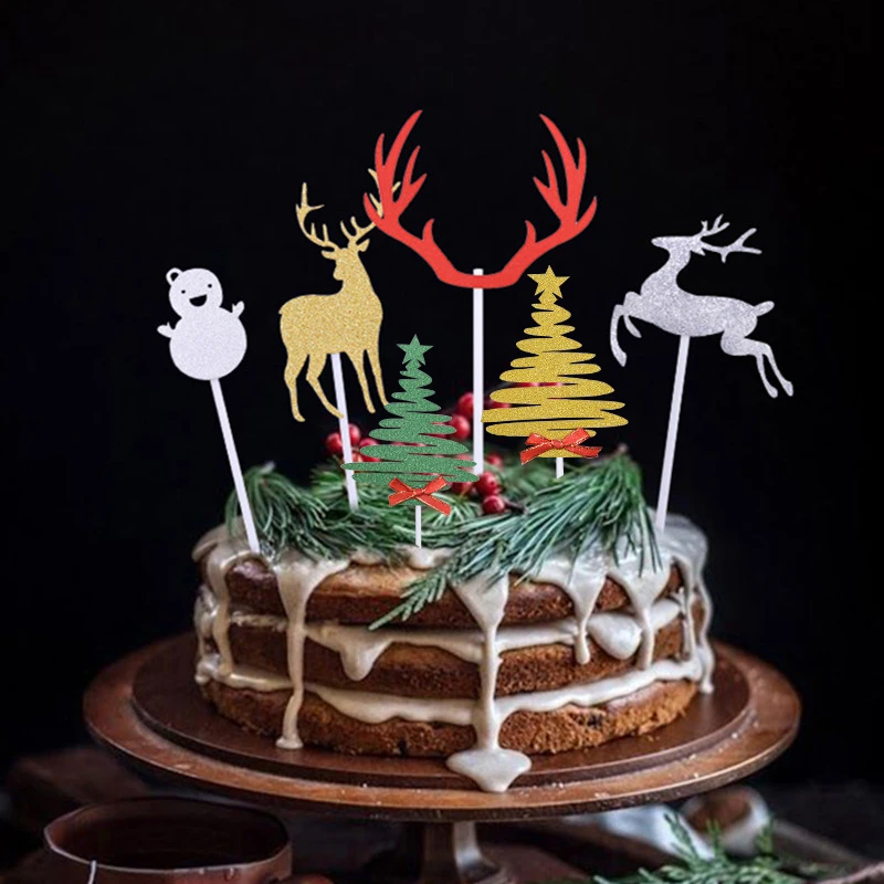10pcs Merry Christmas Cake Topper Gold Silver Elk Christmas Tree Cupcake Toppers Happy New Year Xmas Party Cake Decor Kids Gifts Cake Decorating Supplies Aliexpress