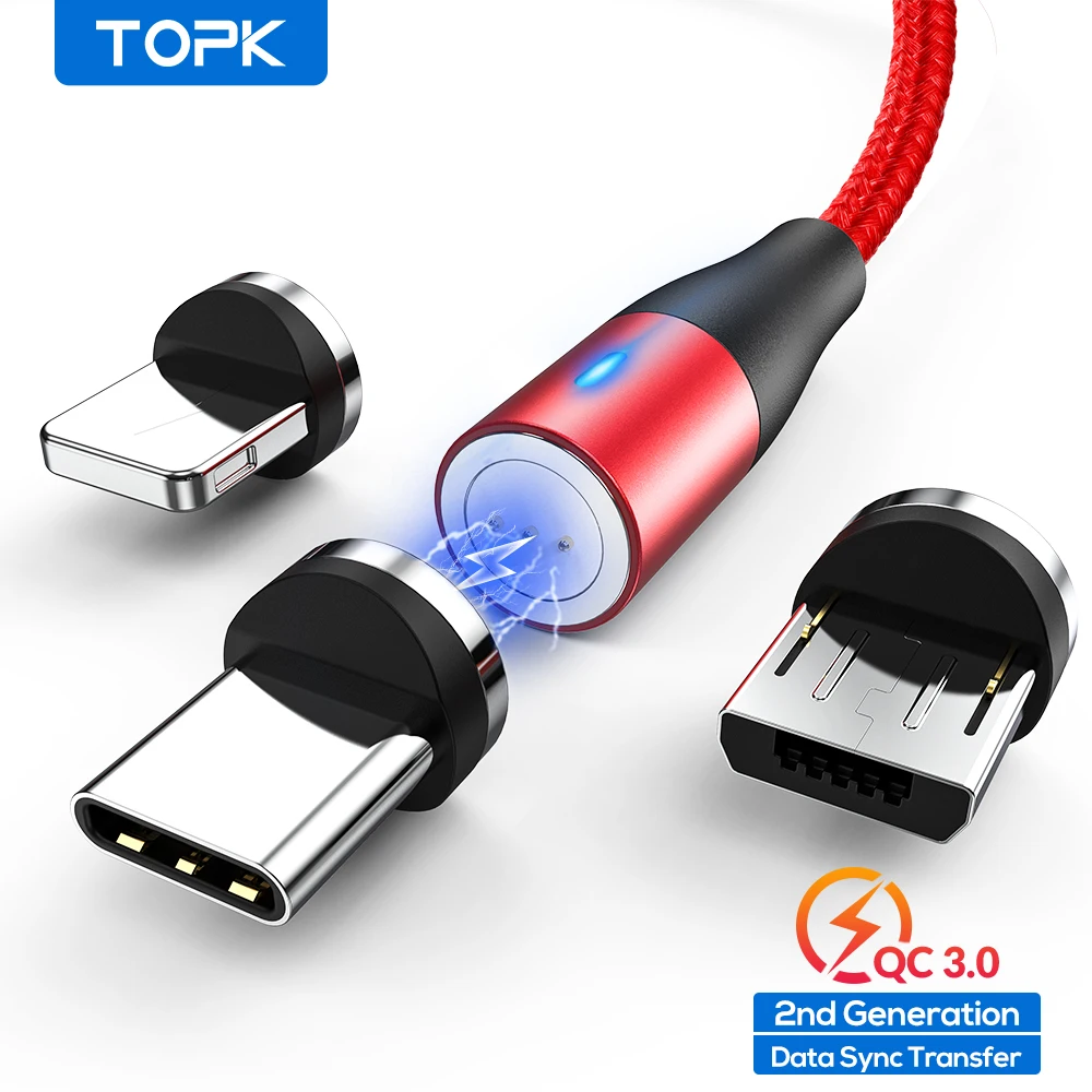 Магнитный usb кабель TOPK 1 м 3A для быстрой зарядки данных iPhone Xs Max зарядный Micro USB Type C