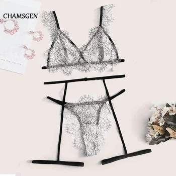 

CHAMSGEND 3pc Withe Floral Lace Garter Sexy Women Transparent Lingerie G-Strin Set 2020 Summer See Through Bra Underwear Set F68
