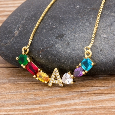 New Design Luxury Initial Alphabet A-Z Letters Charm Rainbow Pendant Necklace Copper Zirconia Choker Family Jewelry Gift