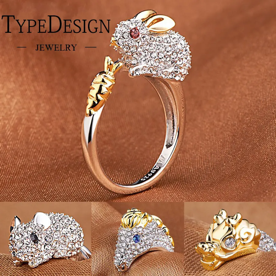 

12Colors Resizable Chinese Zodiac Animal Zircon Golden Jewelry Engagement Rings Dragon Snake Rabbit Men Women's Valentine's Gift