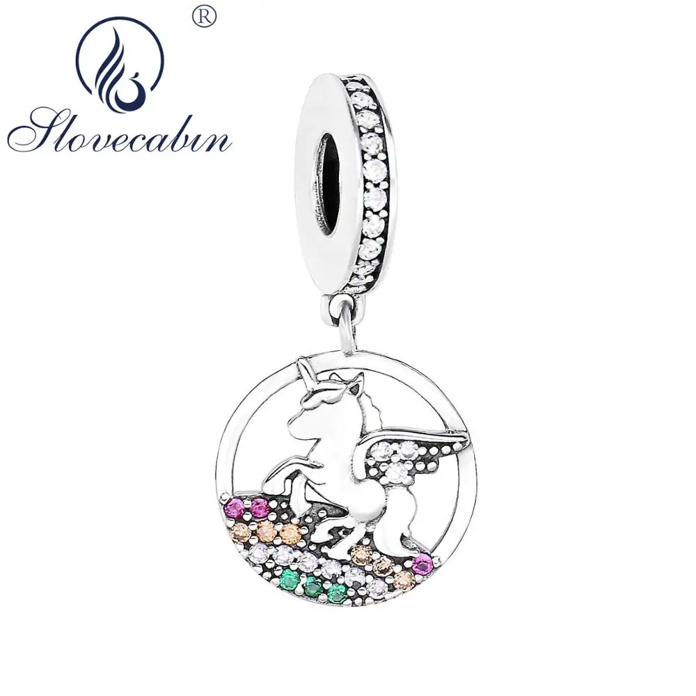 

Slovecabin 925 Sterling Silver Colorful Zircon Unicorn Pendant Charms Beads Fit Women Bracelet Trendy Cute Circle Dangle Jewelry