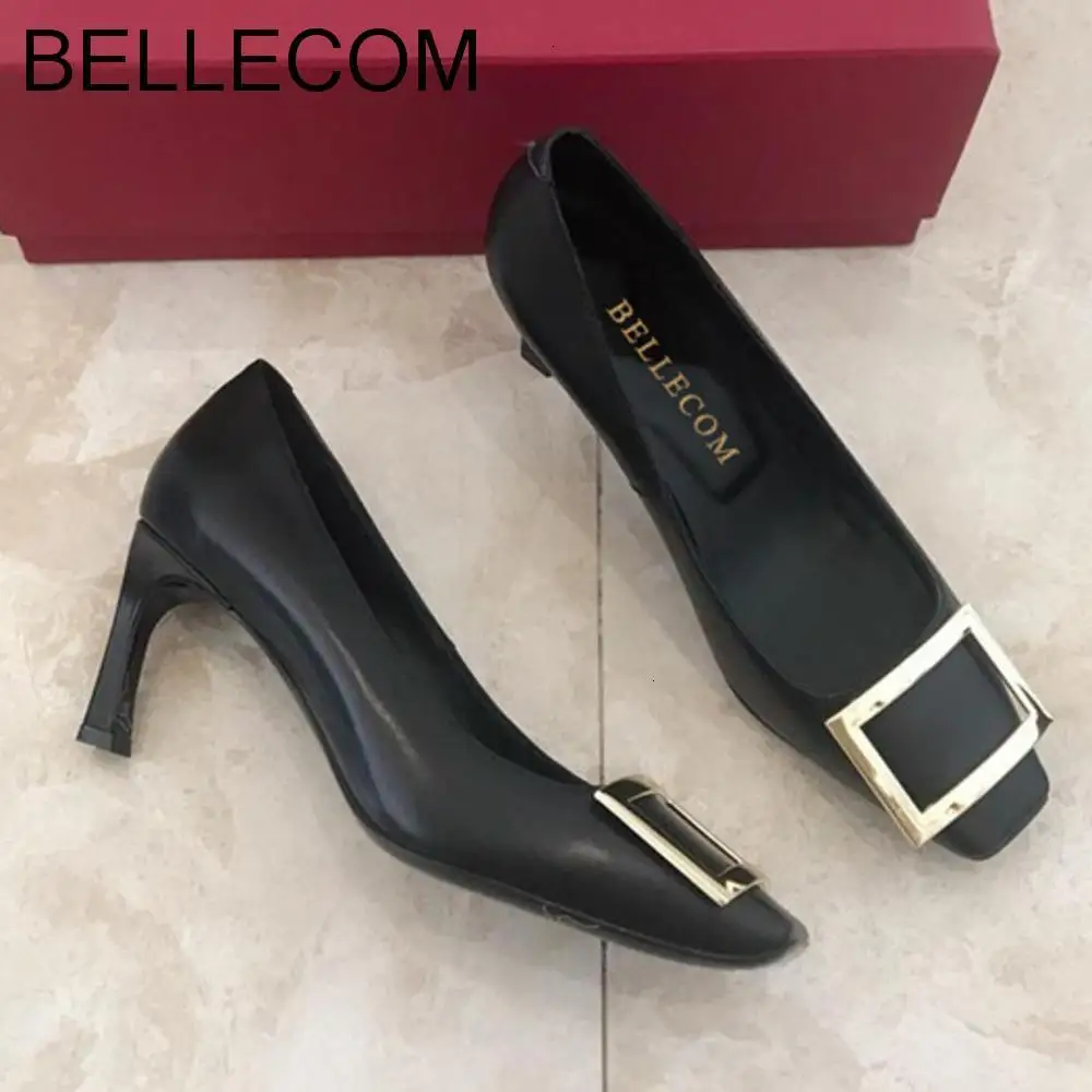 

BELLECOM New 2019 women's medium heel leather high heel women's narrow heel square buckle single shoes ladies stiletto
