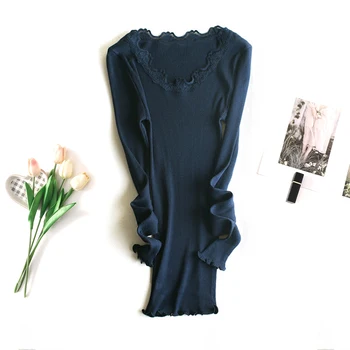 

Natural silk long sleeve t shirt women lace Knitted Pullovers knitwear tee shirt femme Stretch Ribs slim Top