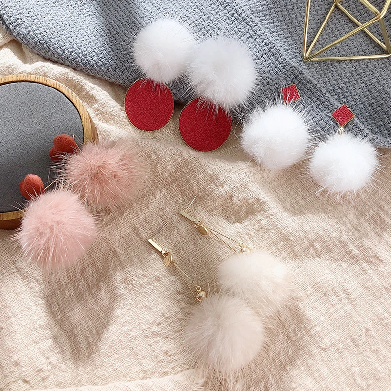 Trendy Elegant Created Fashion Earrings Personality Geometry Sweet Fluffy Ball Stud For Women Korean Jewelry Pendientes | Украшения и