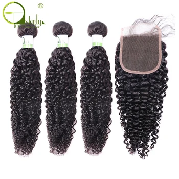 

Sterly Indian Hair Weave 100% Human Hair Kinky Curly 3 Bundles With Closure Remy Hair Extensions Natural Color