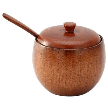 

1 Set Concise Janpanese Style Solid Wood Durable Wooden Seasoning Pot Spice Jar with Spoon and Lid for Kitchen Home