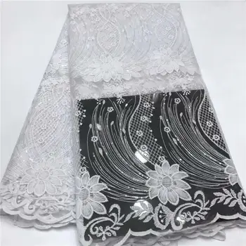 

Latest Pure White African Embroidery Tulle Lace Fabric 2020 High Quality French Milk Silk Lace Fabric With Sequins 5 Yards/lot